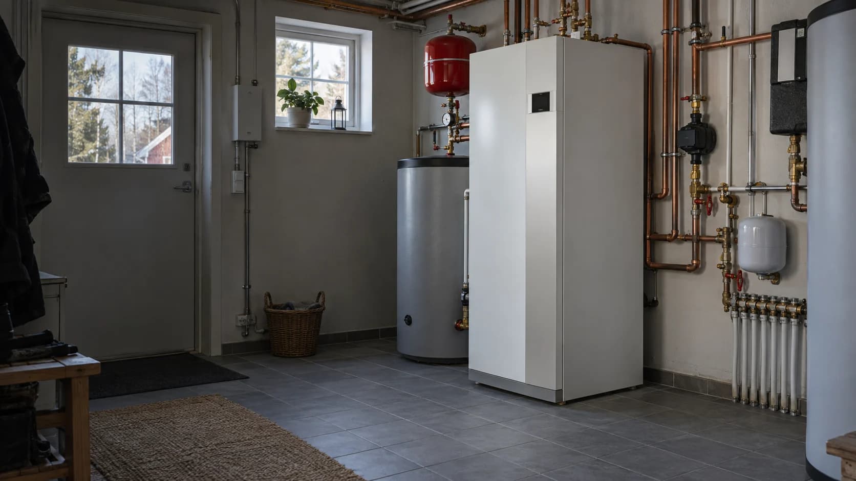 Installerad värmepump med rör och expansionskärl i ett svenskt teknikrum