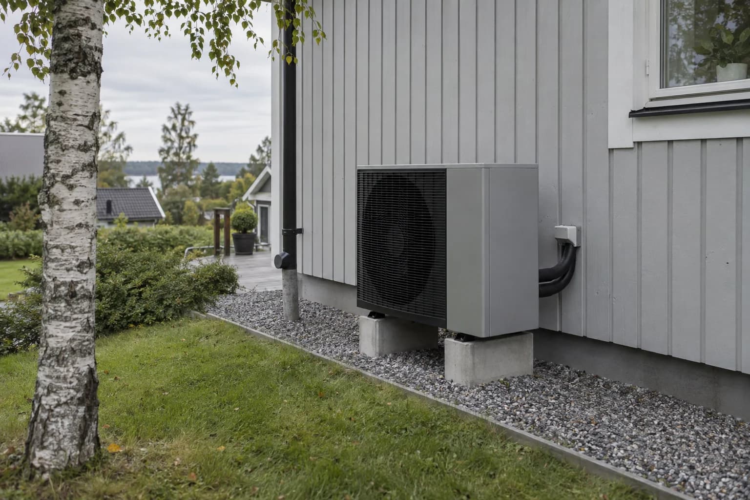 Luft/vattenvärmepump intill en svensk villa med träfasad